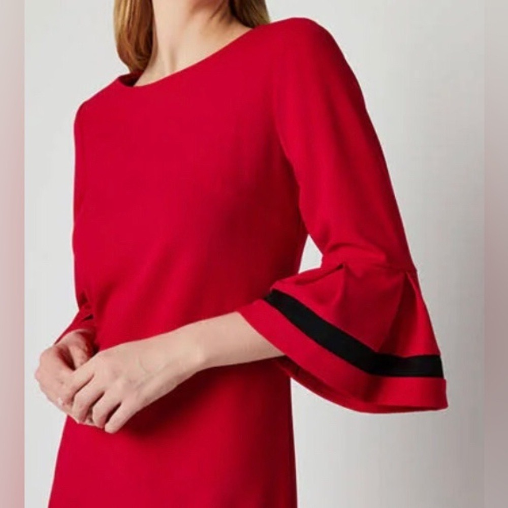 R&K Women's Size 10 Sheath Dress Red Bell Sleeve Contrast Trim - Picture 2 of 9